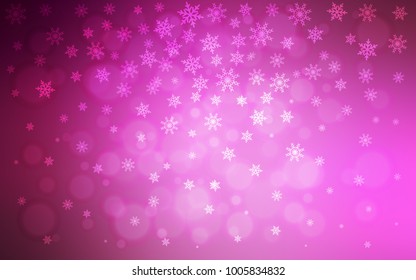 Light Pink vector layout with bright snowflakes. Snow on blurred abstract background with gradient. The pattern can be used for new year leaflets.