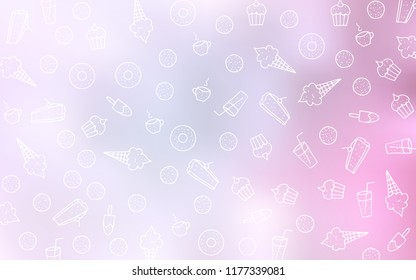 Light Pink vector layout with sweet desserts. Decorative shining illustration with sweets on abstract template. Template of children's food in cafe.