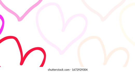 Light Pink vector pattern with colorful hearts. decorative design in doodle style with hearts. Pattern for valentine's ad, booklets.