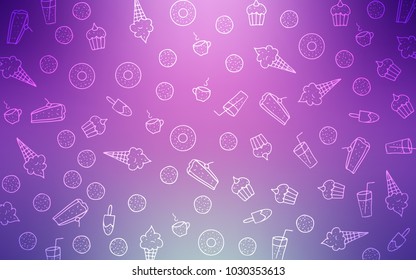 Light Pink vector pattern with delicious cookies. Glitter abstract sketch with sweets, candies, desserts. Doodle design for your business advert of cafes.