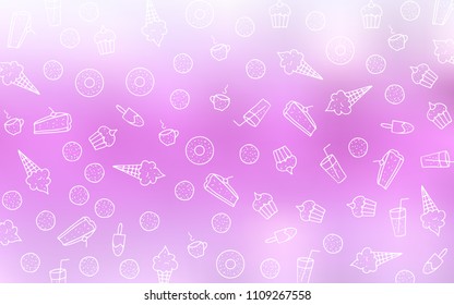 Light Pink vector pattern with delicious cookies. Decorative shining illustration with sweets on abstract template. Design for ad, poster, banner of cafes or restaurants.