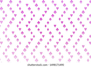 Light Pink vector pattern with symbol of cards. Shining illustration with hearts, spades, clubs, diamonds. Template for business cards of casinos.