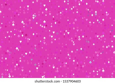 Light Pink vector pattern with symbol of cards. Illustration with set of hearts, spades, clubs, diamonds. Design for ad, poster, banner of gambling websites.