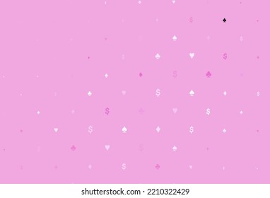 Light pink vector pattern with symbol of cards. Shining illustration with hearts, spades, clubs, diamonds. Template for business cards of casinos.