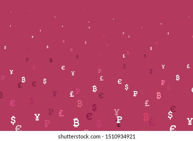Light Pink vector pattern with symbols of currency. Abstract illustration with colored financial digital symbols. Template for ads of currency markets, bank loans.