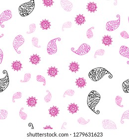 Light Pink vector seamless abstract backdrop with leaves and flowers. Decorative design in Indian style on white background. Design for textile, fabric, wallpapers.