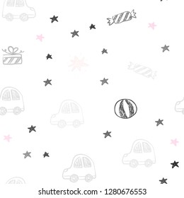 Light Pink vector seamless backdrop in holiday style. Illustration with a colorful toy car, baloon, candy, star, ball. Pattern for new year ads.