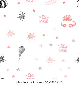 Light Pink vector seamless backdrop in holiday style. Colorful illustration with a toy car, baloon, candy, star, ball. Design for holiday adverts.
