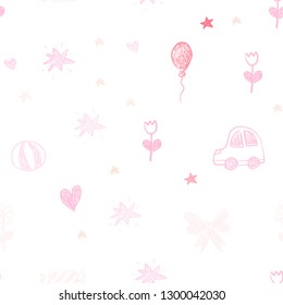 Light Pink vector seamless background with xmas attributes. Abstract illustration with a toy car, heart, baloon, tulip, candy, ball. Pattern for carnival, festival ads.