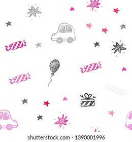 Light Pink vector seamless background in xmas style. Colorful illustration with a toy car, baloon, candy, star, ball. Pattern for birthday gifts.