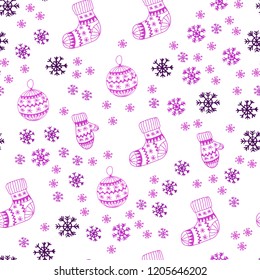 Light Pink vector seamless cover with beautiful snowflakes, balls, socks, mittens. Colorful decorative design in xmas style. Texture for window blinds, curtains.