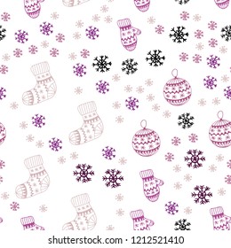 Light Pink vector seamless cover with beautiful snowflakes, balls, socks, mittens. Modern geometric abstract illustration. Template for business cards, websites.