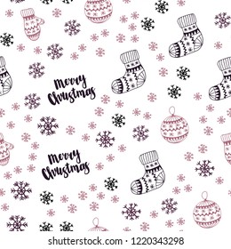 Light Pink vector seamless cover with beautiful snowflakes, balls, socks, mittens. Colorful decorative design in xmas style. Design for wallpaper, fabric makers.