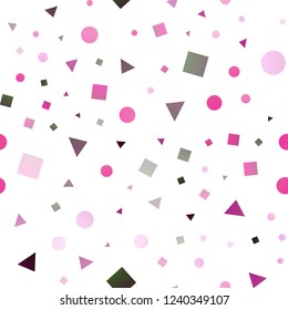 Light Pink vector seamless cover in polygonal style with circles. Illustration with colorful circles, triangles, rectangles. Pattern for design of window blinds, curtains.