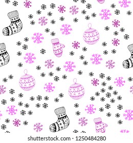 Light Pink vector seamless cover with beautiful snowflakes, balls, socks, mittens. Colorful xmas elements with gradient. Design for textile, fabric, wallpapers.