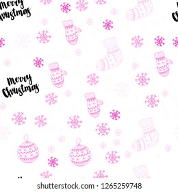 Light Pink vector seamless cover with beautiful snowflakes, balls, socks, mittens. Colorful decorative design in xmas style. Design for textile, fabric, wallpapers.