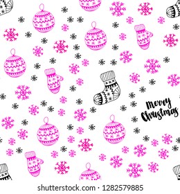 Light Pink vector seamless cover with beautiful snowflakes, balls, socks, mittens. Shining colorful illustration in christmas style. Pattern for design of fabric, wallpapers.