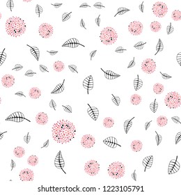 Light Pink vector seamless doodle background with leaves, flowers. Leaves, flowers in doodle style on white background. Pattern for design of fabric, wallpapers.