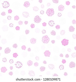 Light Pink vector seamless doodle layout with leaves, flowers. Sketchy doodles on white background. Pattern for design of fabric, wallpapers.
