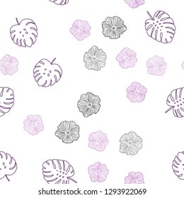 Light Pink vector seamless doodle backdrop with flowers, leaves. Sketchy doodles on white background. Texture for window blinds, curtains.
