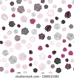 Light Pink vector seamless doodle pattern with leaves, flowers. Sketchy doodles on white background. Pattern for trendy fabric, wallpapers.