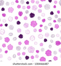 Light Pink vector seamless doodle pattern with leaves, flowers. Sketchy doodles on white background. Texture for window blinds, curtains.