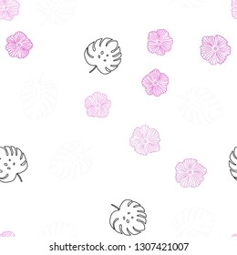 Light Pink vector seamless doodle background with flowers, leaves. Leaves and flowers with gradient on white background. Design for textile, fabric, wallpapers.