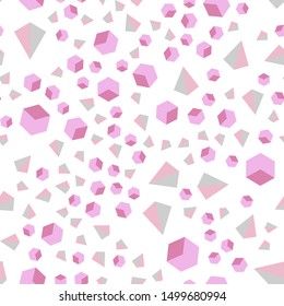Light Pink vector seamless, isometric texture with poly style with cubes. Illustration with colorful triangles, rectangles. Design for textile, fabric, wallpapers.