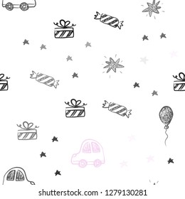 Light Pink vector seamless layout in new year style. Abstract illustration with a toy car, baloon, candy, star, ball. Pattern for birthday gifts.