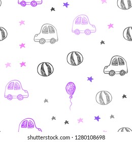 Light Pink vector seamless layout in new year style. Illustration with a gradient toy car, baloon, candy, star, ball. Pattern for new year ads.