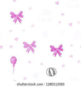 Light Pink vector seamless layout with new year gifts. Illustration with a colorful toy car, heart, baloon, tulip, candy, ball. Template for new year postcards.