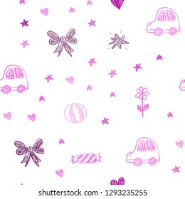 Light Pink vector seamless layout with new year gifts. Shining illustration with a toy car, heart, baloon, tulip, candy, ball. Pattern for new year ads.