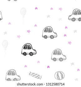 Light Pink vector seamless layout in new year style. Illustration with a gradient toy car, baloon, candy, star, ball. Design for holiday adverts.