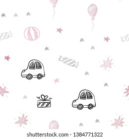 Light Pink vector seamless layout in new year style. Colorful illustration with a toy car, baloon, candy, star, ball. Pattern for carnival, festival ads.
