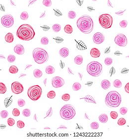 Light Pink vector seamless natural artwork with leaves and flowers. Shining colored illustration with leaves and flowers. Pattern for trendy fabric, wallpapers.