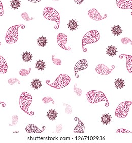 Light Pink vector seamless natural pattern with leaves and flowers. Colorful illustration in doodle style with leaves, flowers. Template for business cards, websites.