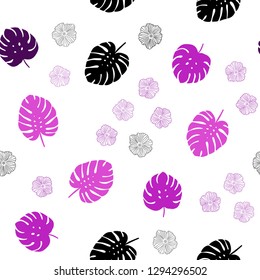 Light Pink vector seamless natural pattern with flowers, leaves. Sketchy doodles on white background. Design for textile, fabric, wallpapers.