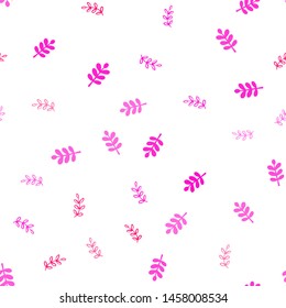 Light Pink vector seamless natural backdrop with leaves. Glitter abstract illustration with doodles and leaves. Template for business cards, websites.