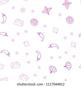 Light Pink vector seamless pattern with fresh ingredients. Illustration with set of fresh food in doodle style. Pattern for ads of breakfast, lunch, dinner.