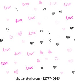 Light Pink vector seamless pattern with phrase LOVE YOU, hearts. Colorful illustration with quote LOVE YOU, hearts. Template for business cards, websites.