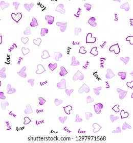 Light Pink vector seamless pattern with phrase LOVE YOU, hearts. Design in doodle style with text LOVE YOU, hearts. Design for textile, fabric, wallpapers.