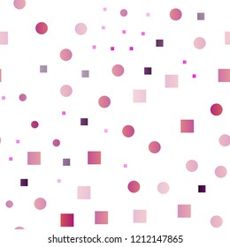 Light Pink vector seamless template with spots, rectangles. Illustration with set of shining colorful abstract circles, cubes. Design for textile, fabric, wallpapers.