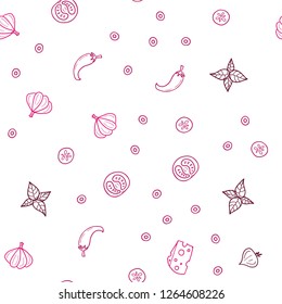 Light Pink vector seamless template with organic meal. Illustration with set of fresh food in doodle style. Template for meal cooking in kitchen.