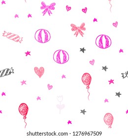 Light Pink vector seamless template in carnival style. Shining illustration with aheart, baloon, candy, gift, star, ribbon. Design for colorful commercials.