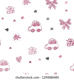 Light Pink vector seamless template with carnival elements. Design in xmas style with a toy car, heart, baloon, tulip, candy, ball. Pattern for carnival, festival ads.