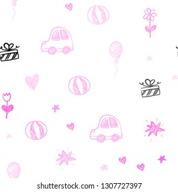 Light Pink vector seamless template with carnival elements. Illustration with a colorful toy car, heart, baloon, tulip, candy, ball. Design for colorful commercials.