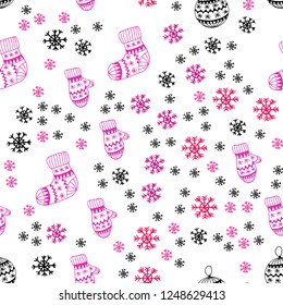 Light Pink vector seamless texture with colored snowflakes, balls, socks, mittens. Colorful decorative design in xmas style. Design for textile, fabric, wallpapers.