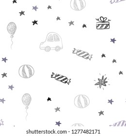 Light Pink vector seamless texture in birthday style. Shining illustration with a toy car, baloon, candy, star, ball. Design for holiday adverts.