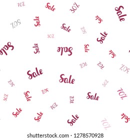 Light Pink vector seamless texture with selling prices 30, 50, 70 %. Colored words of sales with gradient on white background. Design for business ads, commercials.