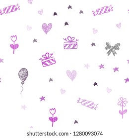 Light Pink vector seamless texture in birthday style. Abstract illustration with aheart, baloon, candy, gift, star, ribbon. Design for holiday adverts.